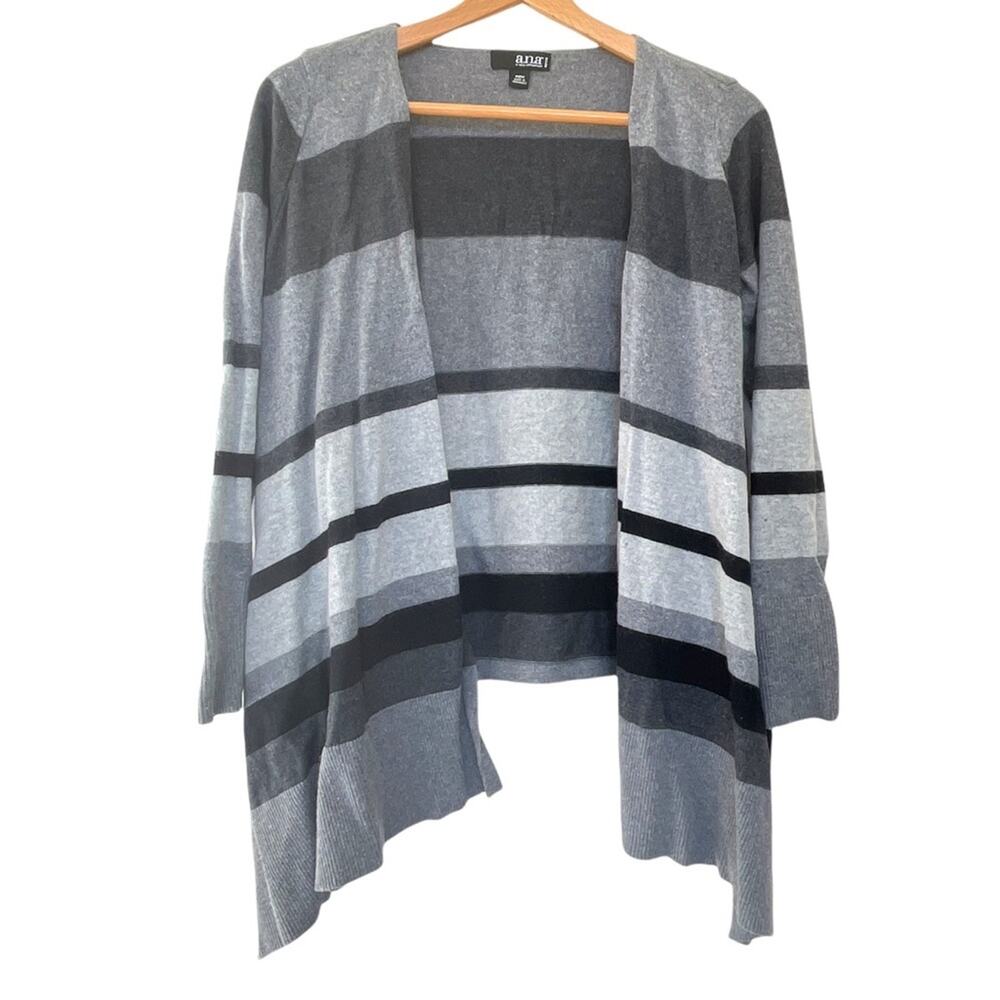 A.N.A. Angora Blend Sweater Sz S M Petite Cardigan Uneven Hem Striped Gray Black